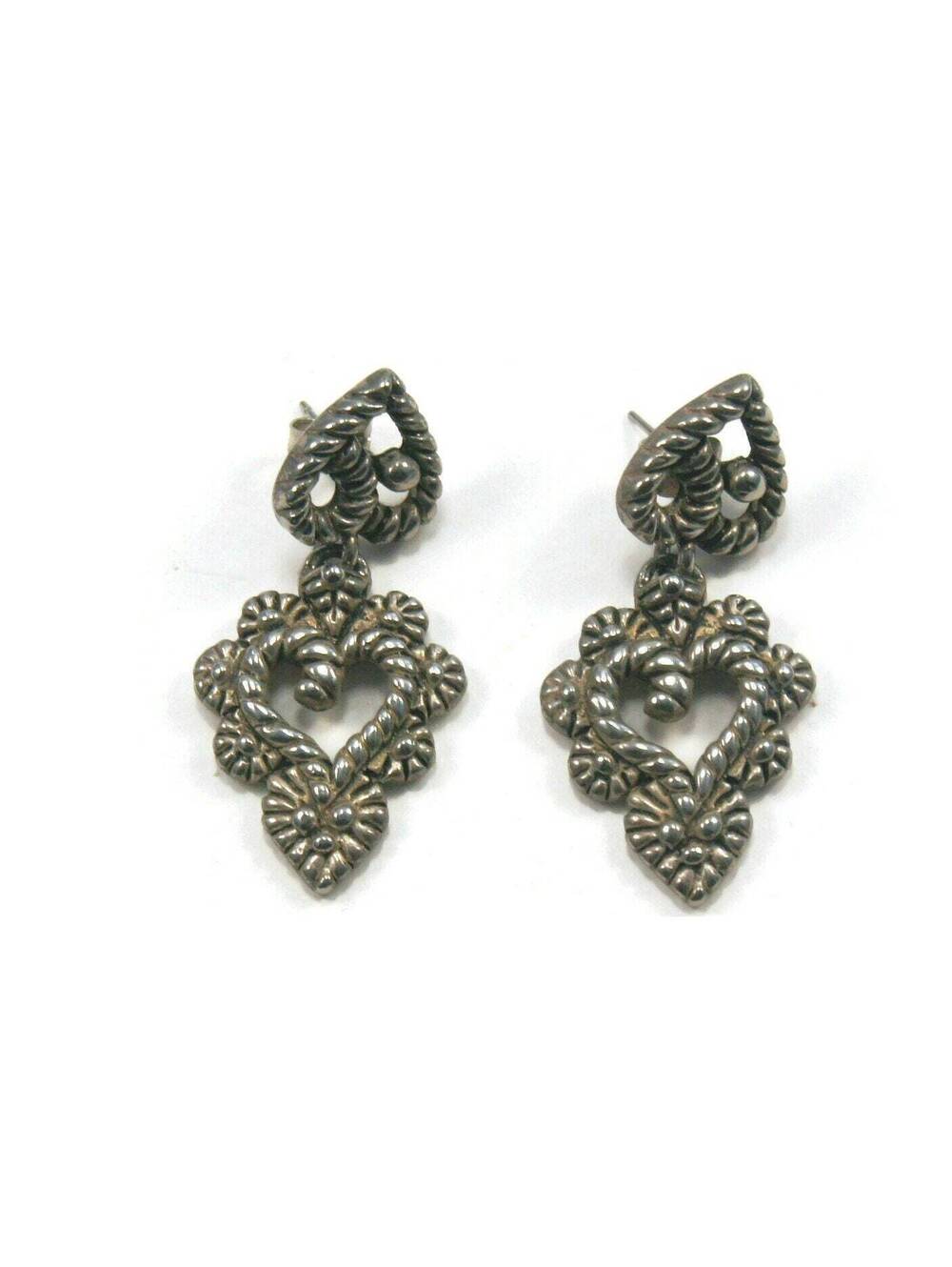 Vintage Silver Tone Floral Heart Design Dangle Earrings.